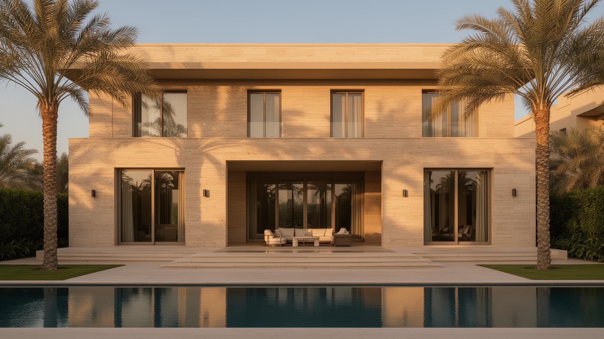 A Dubai villa exterior in warm late-afternoon light